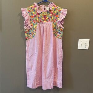 Sister Mary Floral Embroidered Seersucker Dress Cottagecore Boho Womens Sm